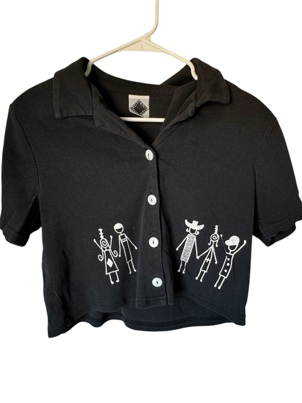 Vintage California Concepts Button-Front Crop Top White Stick Figures Women’s S